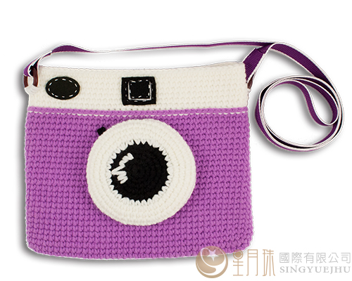 手鉤毛線-可愛相機側背包-粉紫